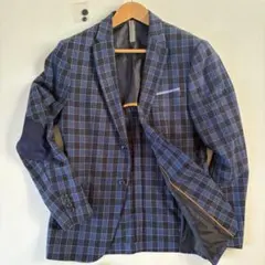 美品 ZARA テーラードジャケット チェック エルボーパッチ ネイビー 48