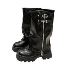 黒いロングブーツ 厚底ジッパー付き