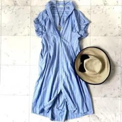 アーバンリサーチドアーズ コットン　半袖タック ストライプシャツワンピース 水色