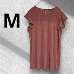 海外古着フリル袖 ピンク チュニック 半袖Mサイズ　プリーツ