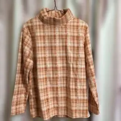 オレンジ系 チェック柄 タートルネック セーター