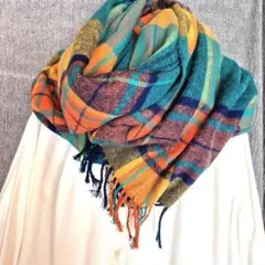 ターコイズ・オレンジネイビーチェックの大判ストール