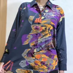 レナウンBRUND PIRTTELLI 黒地派手柄ポリシャツ＊昭和レトロバブリー