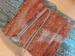 着物に♪ ふくれ織りが可愛い名古屋帯　正絹　オリエンタル幾何学柄アラベスク鳥茶色