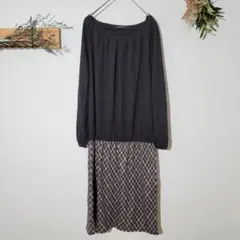 コムサイズム【F】タックイン長袖 切り替えワンピース 黒 チェック チュニック