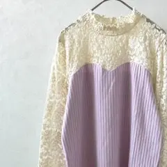 w closet カットソー リブ モックネック 花柄 レース シースルー 薄手