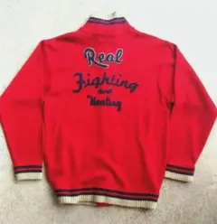 【古着】ジップアップセーター　ニット　　　レッド　 ジッパー　胸背中刺繍