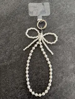 パールビーズリボン型スマホストラップ