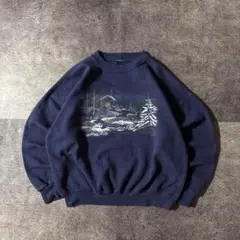 90s Northern Reflectionsアニマル風景プリントスウェット紺