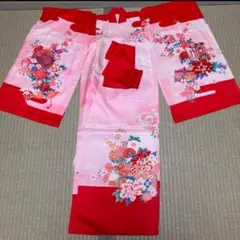 七五三　３歳用着物と長襦袢セット　ピンクと赤色　金彩加工? 御所車　古典柄