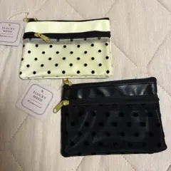 FLOCKY MESH Wファスナーポーチ 2個セット ホワイト×ブラック