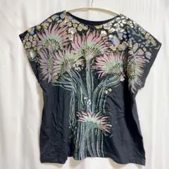 ✴️花柄オーバーサイズTシャツ　黒　【LL~3L】鮮やかな花柄　海外古着