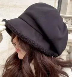 黒裏ボア◆スウェード調キャスケット帽子◆小顔ハット新品防寒ブラック