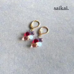 [1016-006]チェコガラスドロップの4連ピアス レッド 白 ハンドメイド