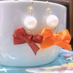 しおん様専用*°♡リボンとパールのアクセサリー【赤・オレンジ】