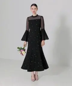 【美品】Leja パールビジュープリーツフレアスリーブマーメイドワンピースドレス