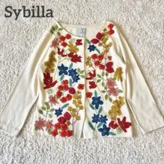 シビラ 3D 立体 花柄 刺繍 カラフルコットンカーディガン M 8分袖