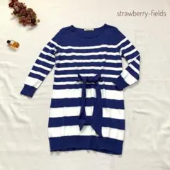 ストロベリーフィールズ　薄手コットンニットワンピース　F　ネイビー×ホワイト