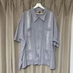 US古着　キューバシャツ　メキシカン　半袖　フルジップ　刺繍ライン　大きいサイズ