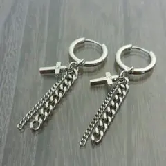 ALLステンレス製★czクロス＆wチェーンフープピアス★内径12㎜フープビアス