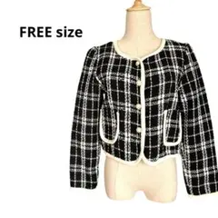 ツイード　ジャケット　チェック柄　パール　カーディガン 黒　白　M