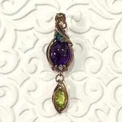 天然石 アメジスト&ペリドット☆ワイヤーラップ アート ジュエリー