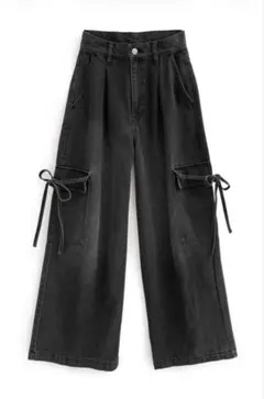 GRL グレイル完売品　カーゴリボンデニムパンツ[qu95] ブラック　M