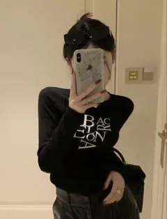 shein ロゴプリント 長袖カットソー ブラック