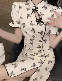 美品 チャイナドレス 蝶柄 ミニワンピース アイボリー 半袖 リボンのサムネイル
