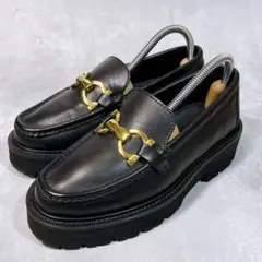 【カミナンド】厚底ローファー (6)ビット　ゴールド金具 本革レザー 軽量 黒