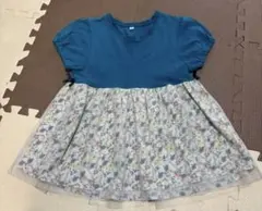 130サイズ 青色 花柄 フリルチュニック