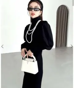 ギャザースリーブマーメイドニットワンピース