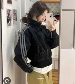 アディダス 黒 短丈デニム ファイヤーバード トラックジャケット 女性S 人気