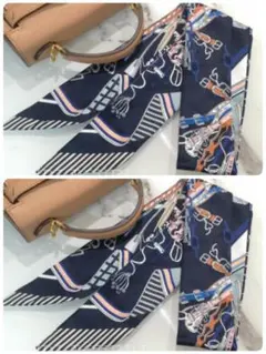 【SALE】リボンスカーフ　バッグスカーフ　バッグチャーム1052＃ネイビー