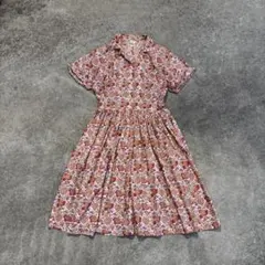 【レトロ可愛い】80s風 鳥と花の総柄ワンピース ギャザー 古着 一点物 昭和