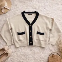 バイカラーニットカーディガン 金ボタン ショート丈 きれいめ 上品 高見え