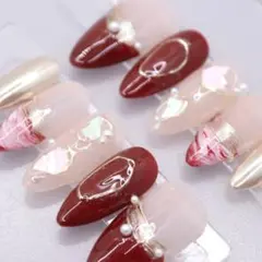 603ネイルチップSサイズ 韓国 赤フレンチ ニュアンス 上品 ゴールド パール