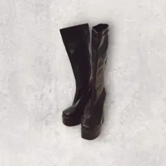 厚底ロングブーツ チャンキーヒール スクエアトゥ ブラック 35 美脚 韓国系