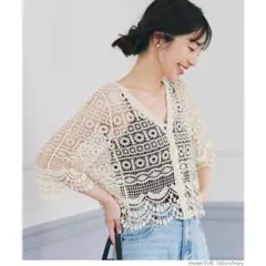 アイボリー レース編み カーディガン 半袖 フリーサイズ