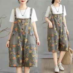 早い者勝ち☆個性的 レトロ 花柄 プリント サロペット オーバーオール デニム