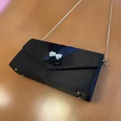 フォーマルバッグ ブラック サテン風 リボン パール ショルダーチェーン付き