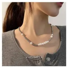 ネックレス　シルバー　チョーカー　イミテーションパール　　ボールチェーン