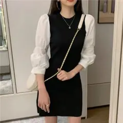 韓国風 シャツスリーブ ニット ミニワンピース