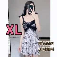 水着　レディース　ワンピース　韓国　リボン　モノクロ　フリル　XL 体型カバー