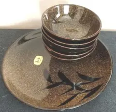 丸石陶器 天目釉 大小皿セット