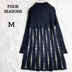 フォーシーズンズ ハイネック 切替 ドット柄 ニットワンピース ブラック『M』