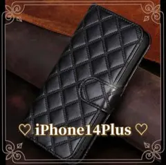iphone14Plusケース 手帳型 携帯ケース キルティング ブラック 収納
