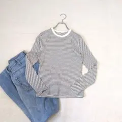 【ユニクロ】ストレッチボーダークルーネックTシャツ／長袖『M』ネイビー×ホワイト