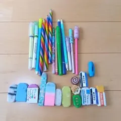 文房具☆鉛筆消しゴムキャップ蛍光ペン色鉛筆セット