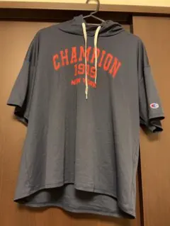 Champion フード付き半袖Tシャツ ネイビー L